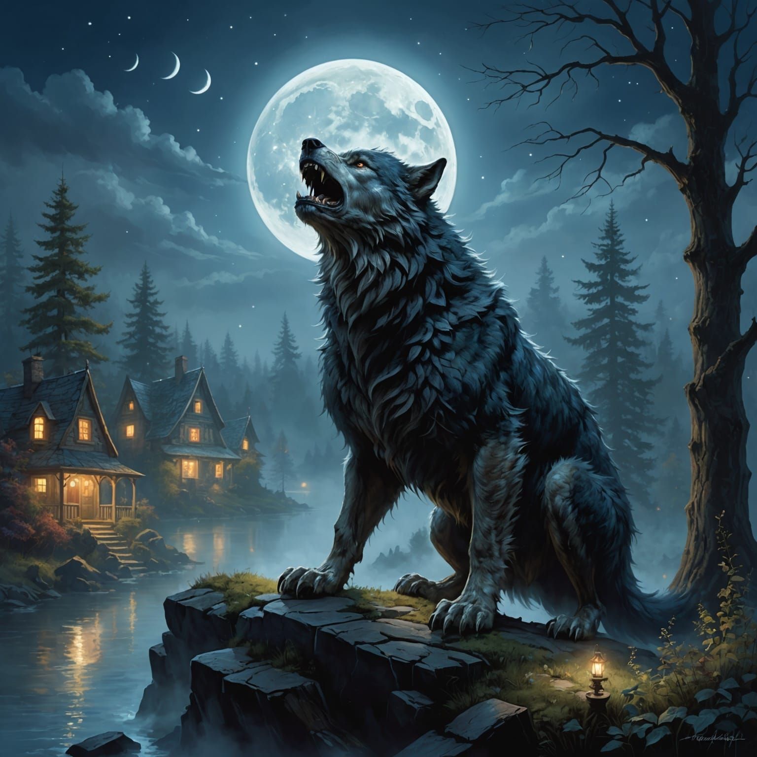 Ethereal Werewolf Howling at Moon in Misty Night