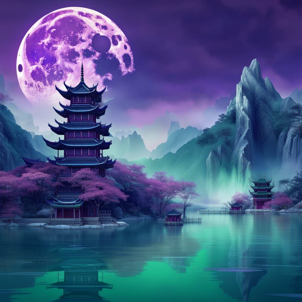 Chinese Temples on Snowy Mountains with Purple Moon