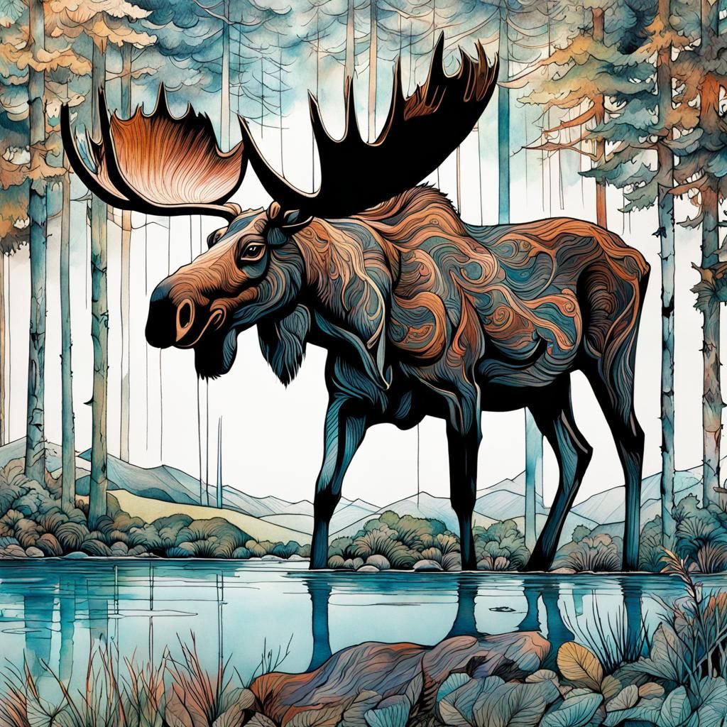 Moose in Alaskan Forest: Ink and Watercolor Drawing