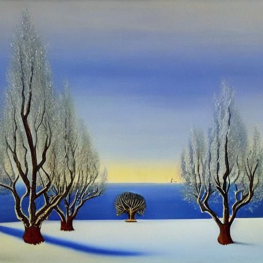 Iced Trees in Snow, Surrealist Oil Painting