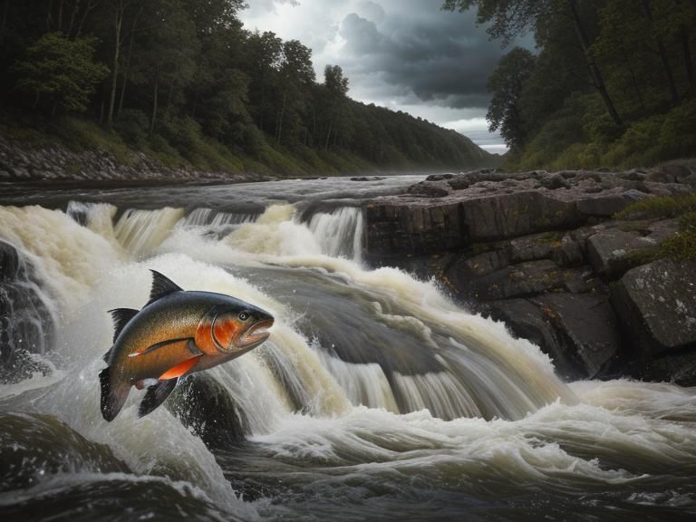Salmon Leaping Upstream in Stormy River: Ultra-Realistic Pho...