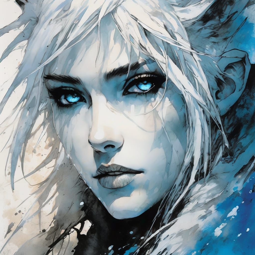 Young Elf Woman With Wild White Hair and Blue Eyes