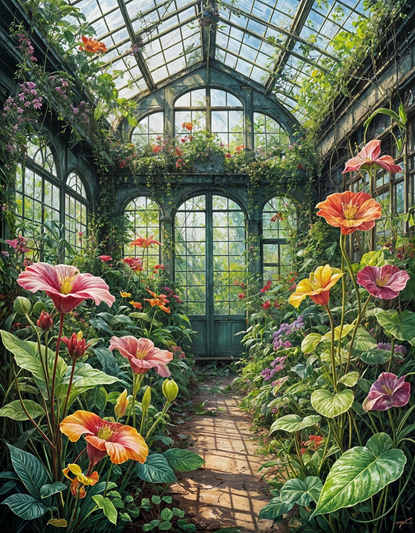 Vivid Flowers Bloom in Abandoned Greenhouse