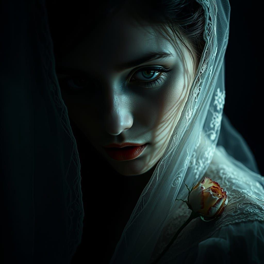 Surrealism close-up portrait of Laura in a dimly lit etherea...