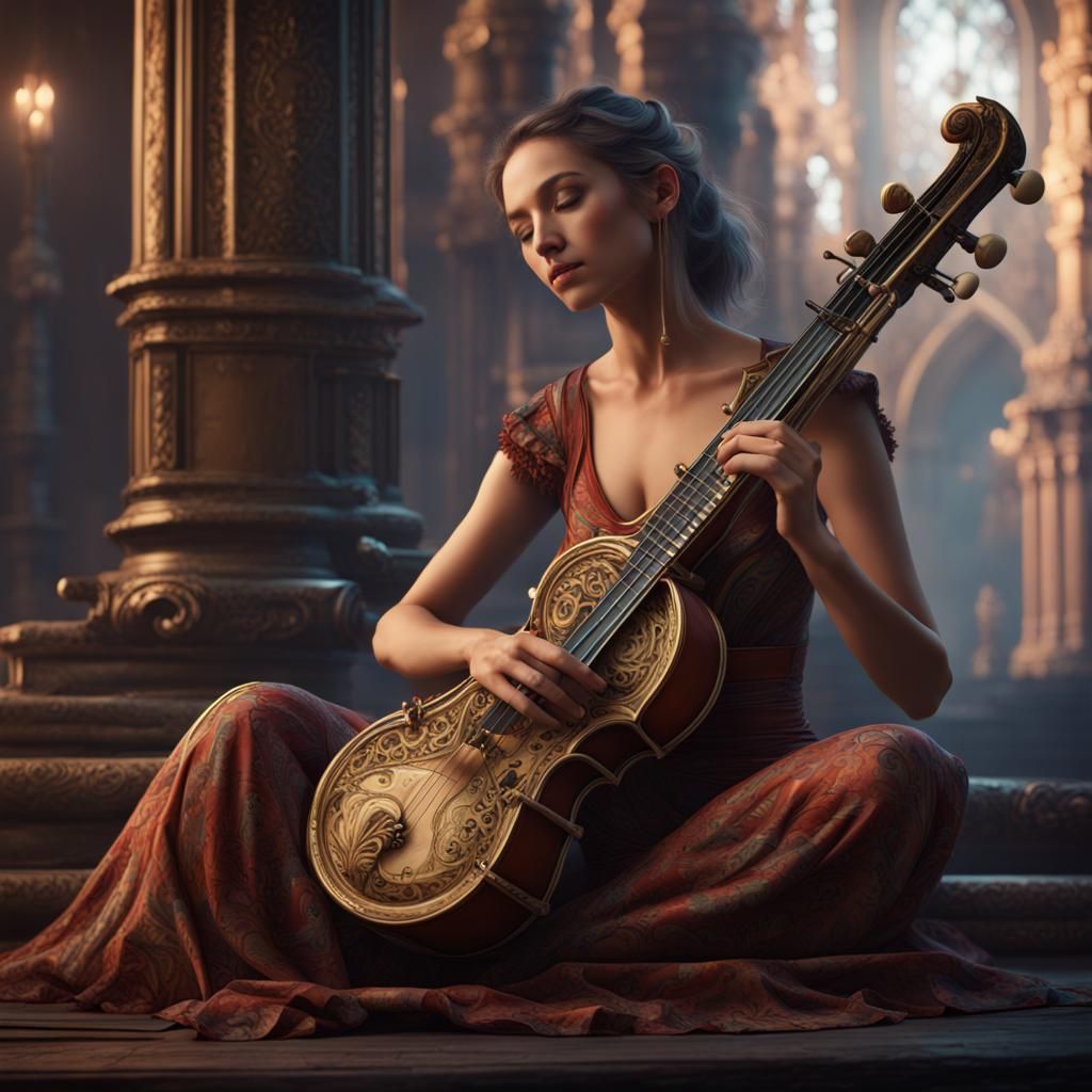 Woman with Instrument: Detailed Fantasy Art