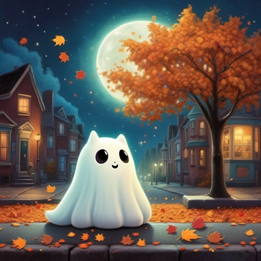 Cute Ghost with Cats in Kawaii Style