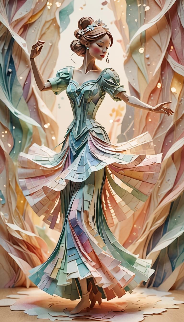 Elaborate Paper Woman Dancing: Watercolor Papercraft Art