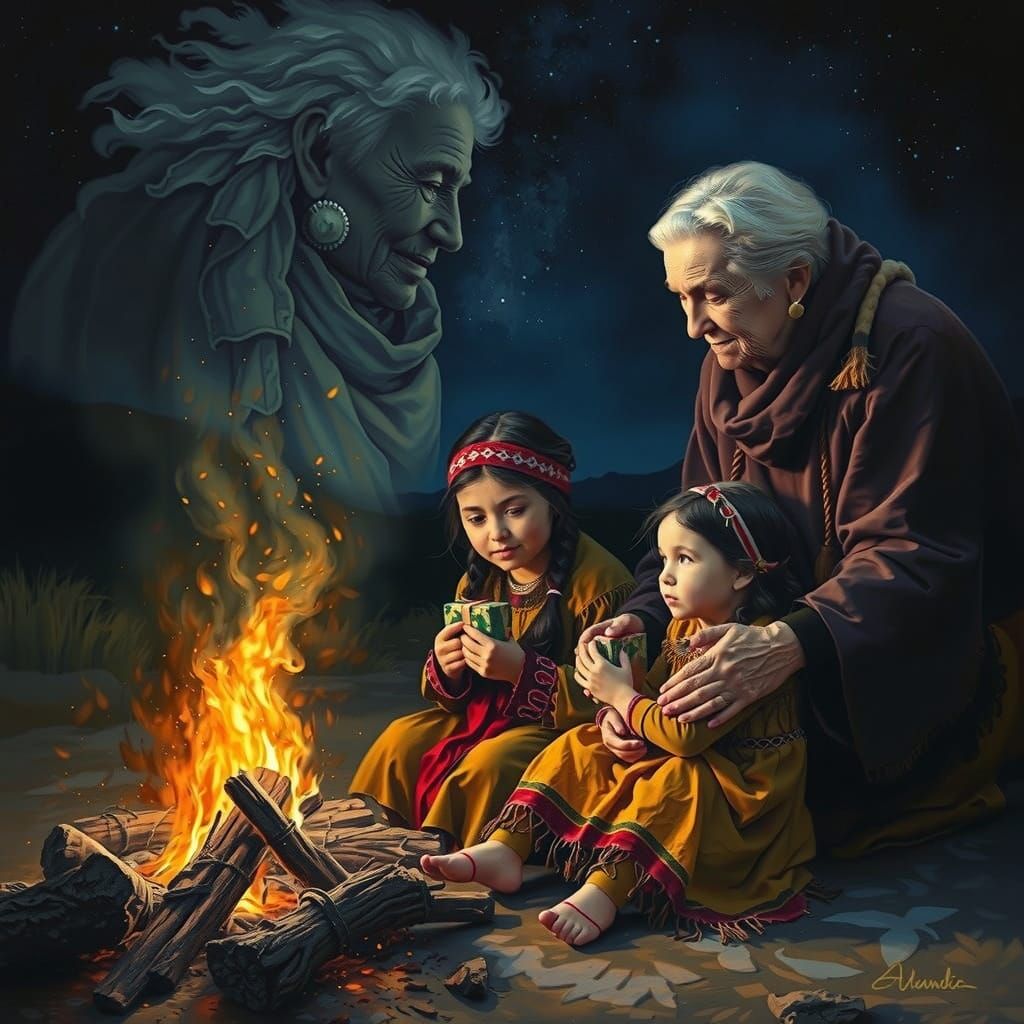 Native American Mother's Day Scene in Ethereal Oil Painting