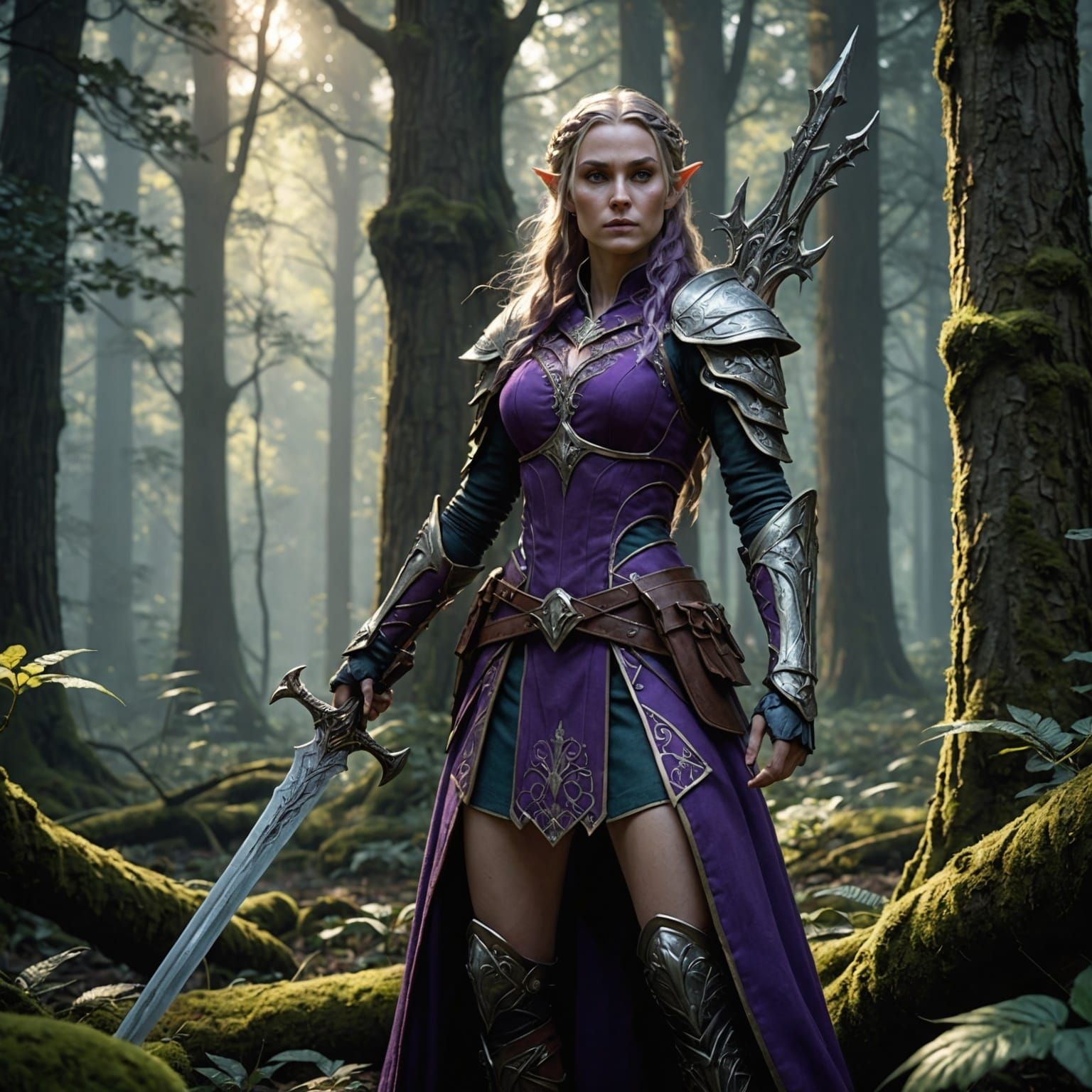 Elven Maiden Warrior in Dark Fantasy Forest