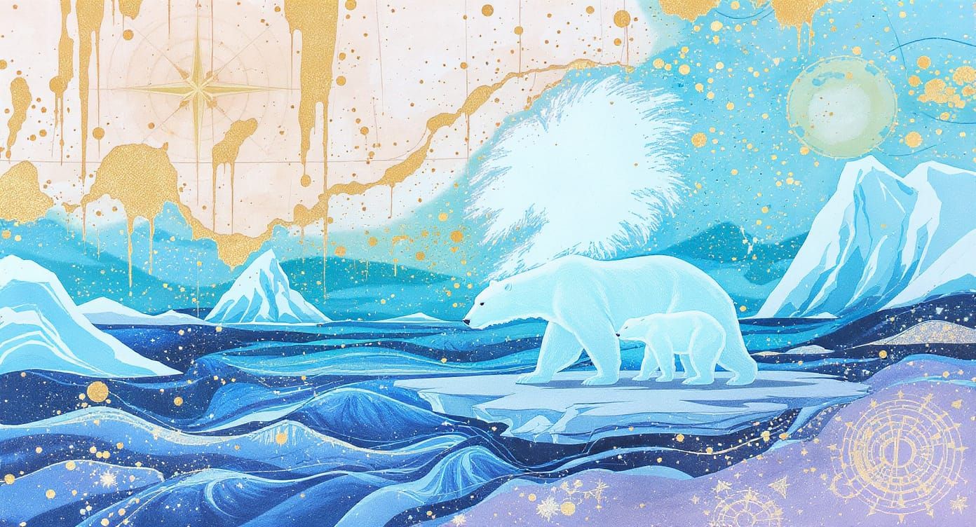 Arctic Watercolor Art: Polar Bears and Greenland Map