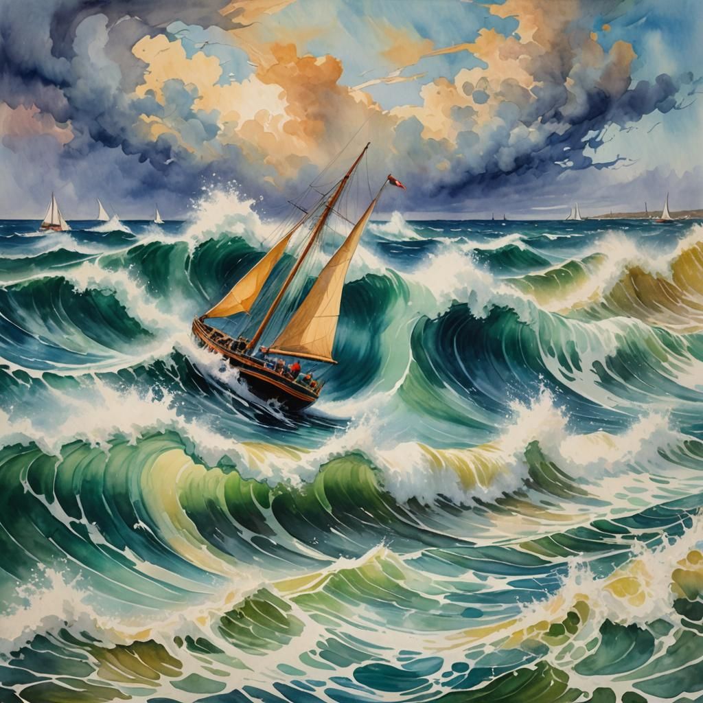 Colorful Tidal Wave Crashing on Sailing Boat