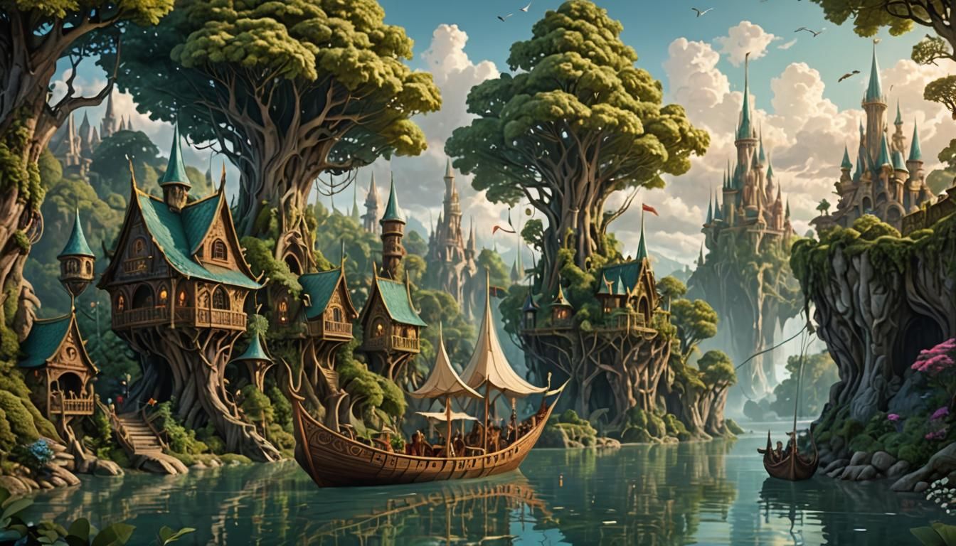 Elven Boat Navigates River in Fantasy Landscape