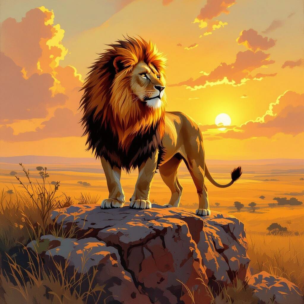 Lion with Fiery Mane on Savannah, in Oil Painting Style