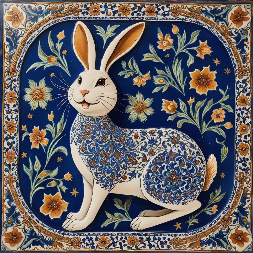 Iznik tiles making an laughing rabbit