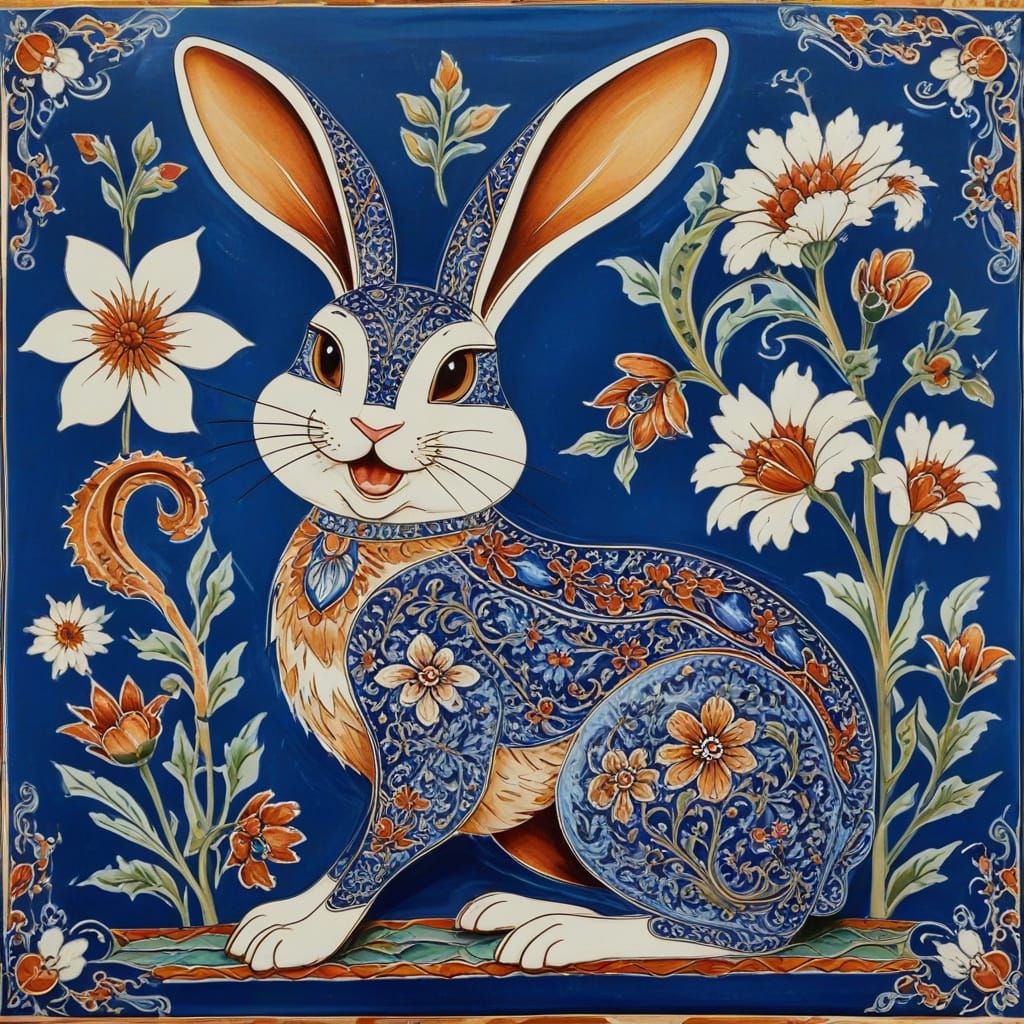 Iznik tiles making an laughing rabbit