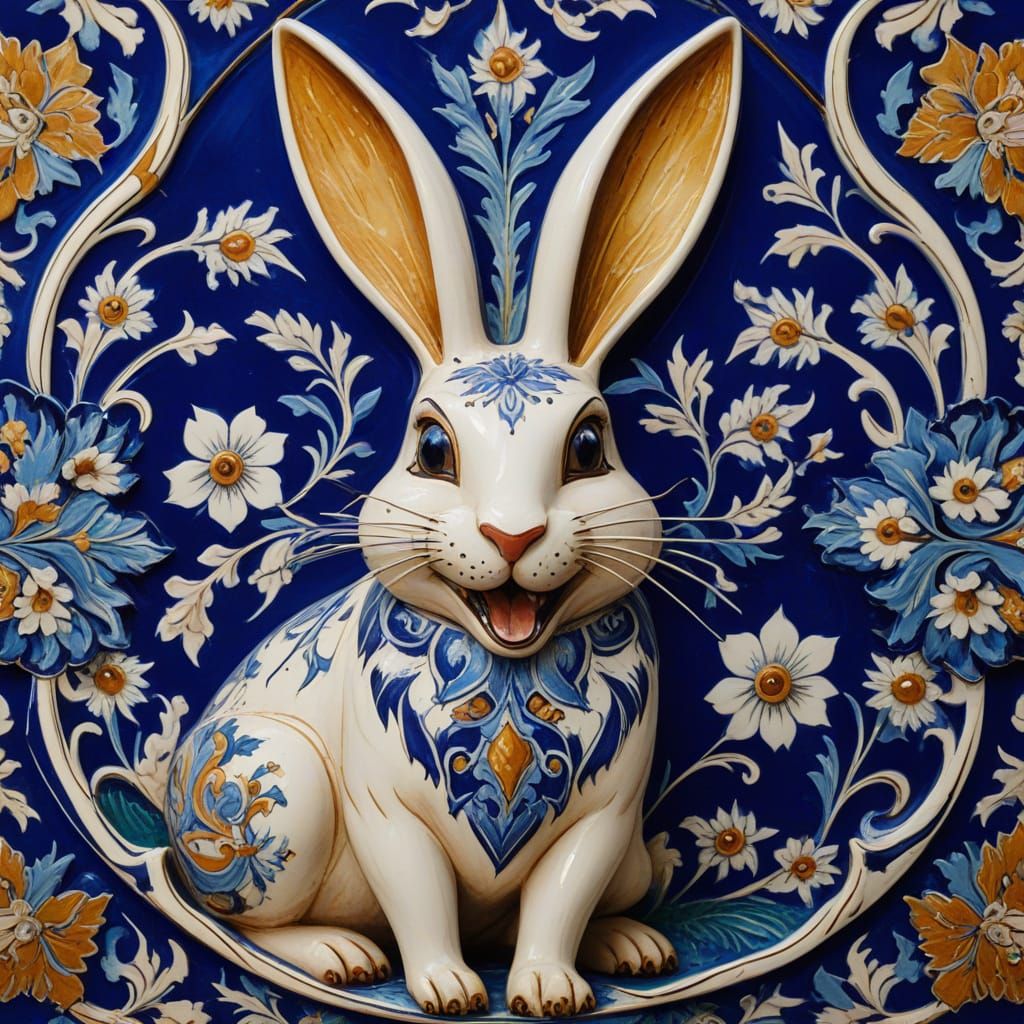Iznik tiles making an laughing rabbit