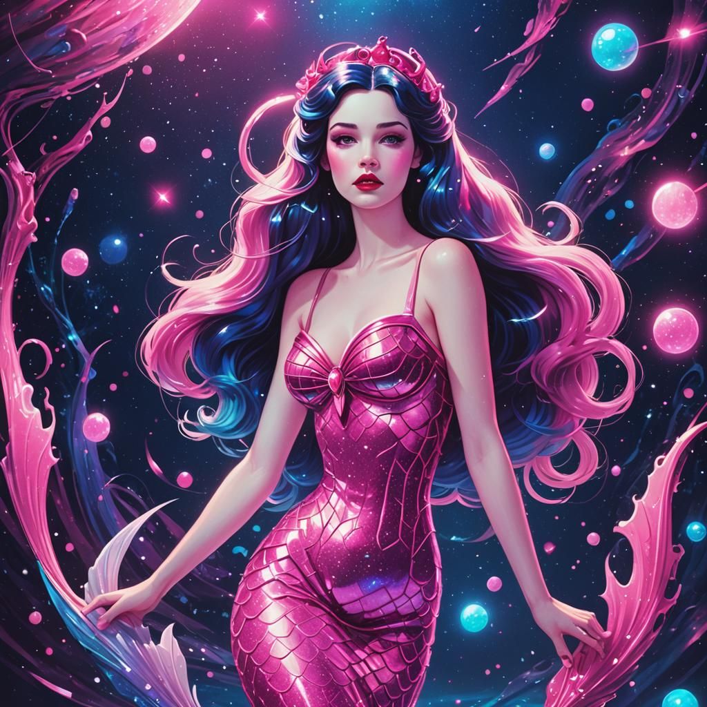 Snow White Space Mermaid in Synthwave Neon Style