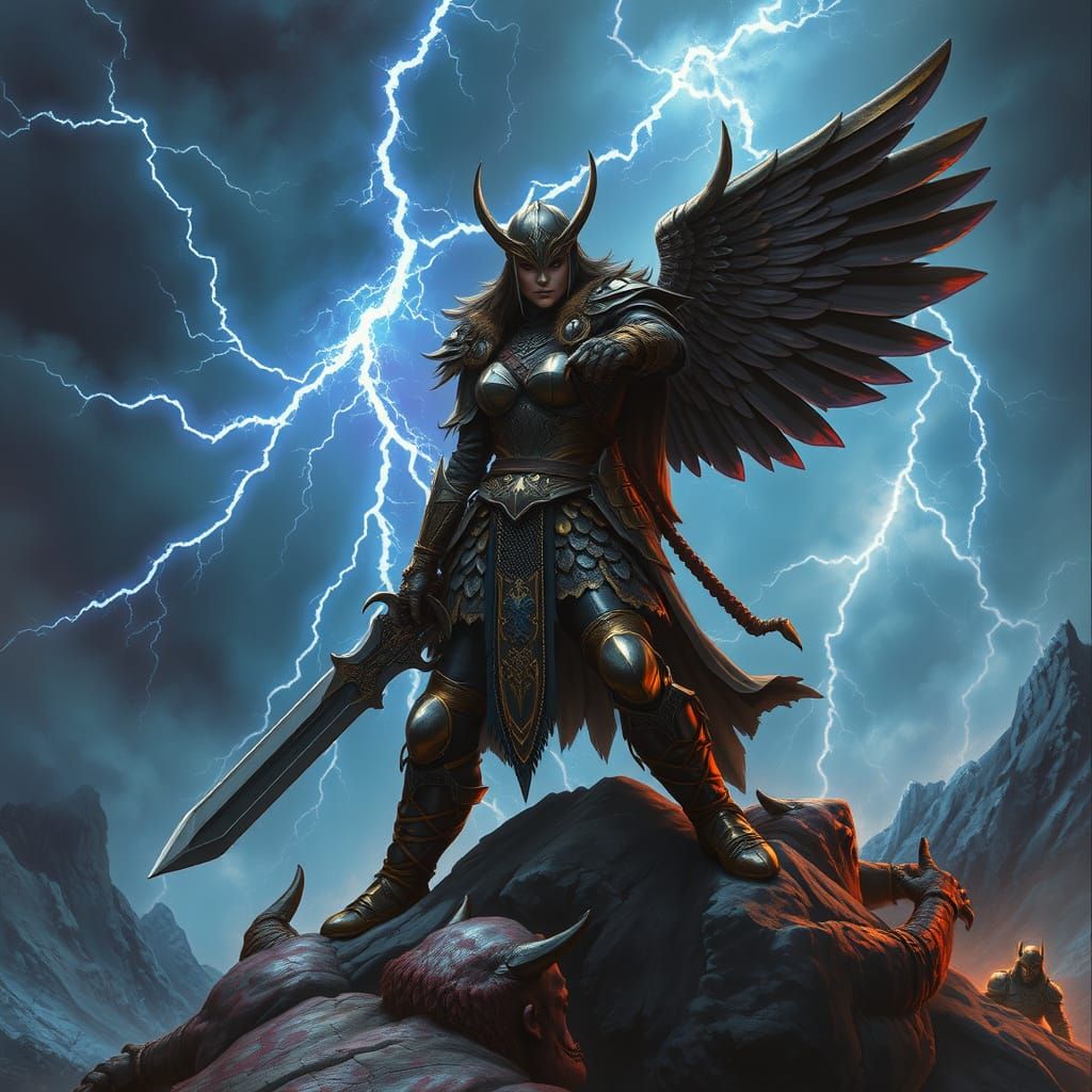 Sensual Fantasy Valkyrie in Dark Armor Triumphs Amidst Storm...