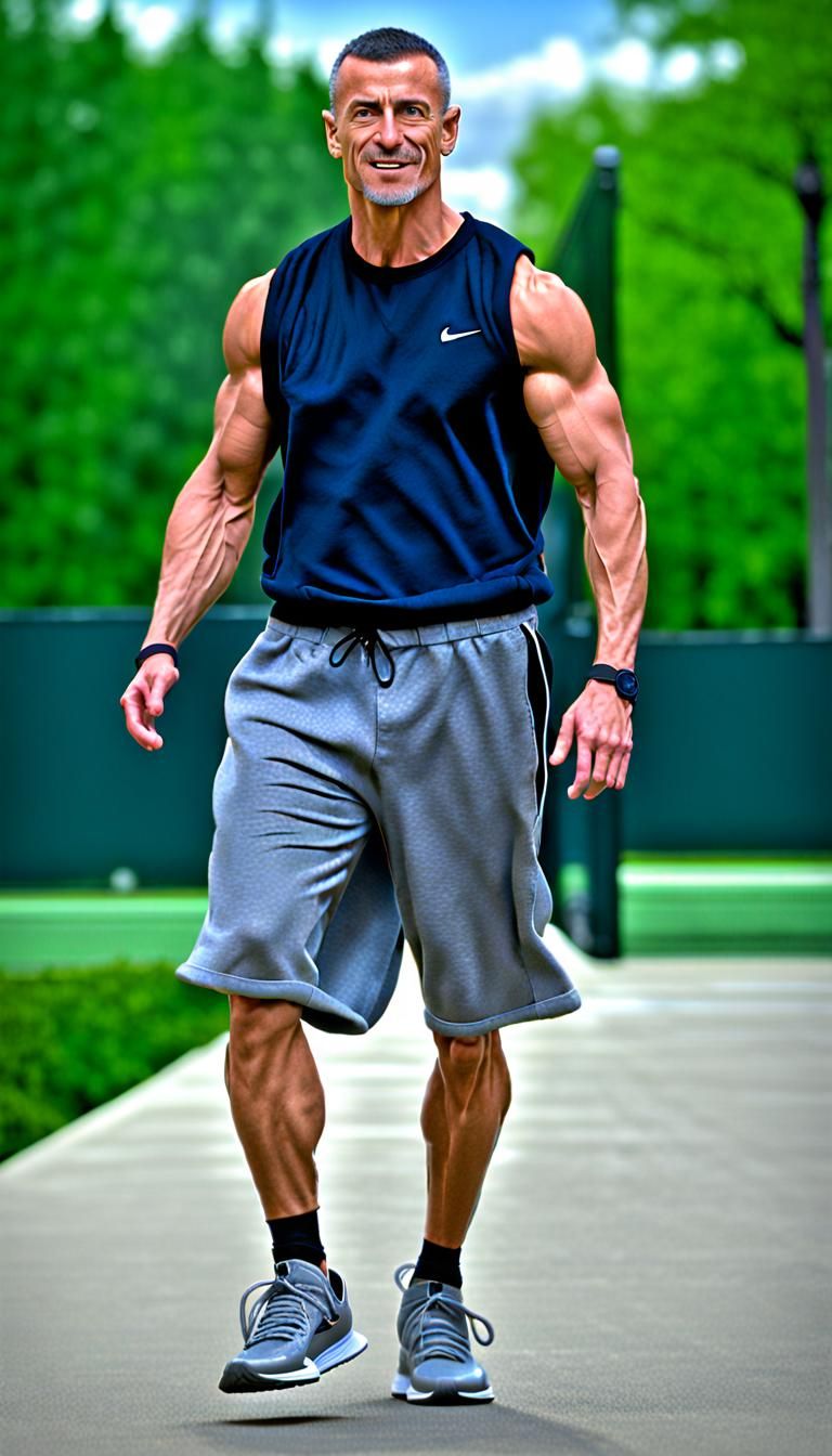 Muscular Man Jogging in Park, Photorealistic Rendering