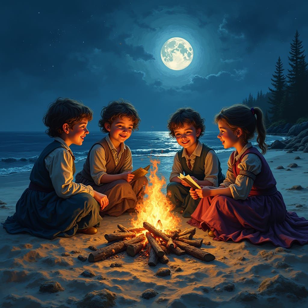 Victorian Children Gathered Around Beach Campfire as Pixel A...