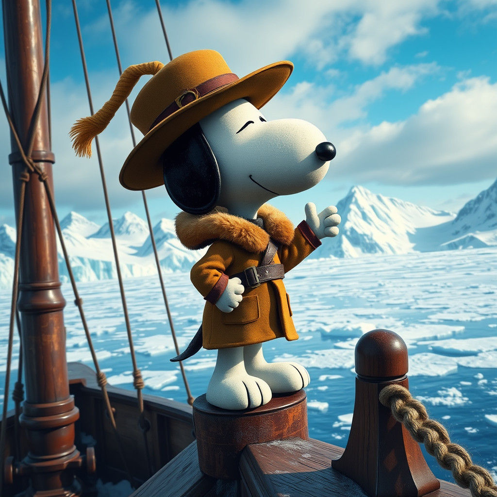 Snoopy as Shackleton in Antarctic Landscape