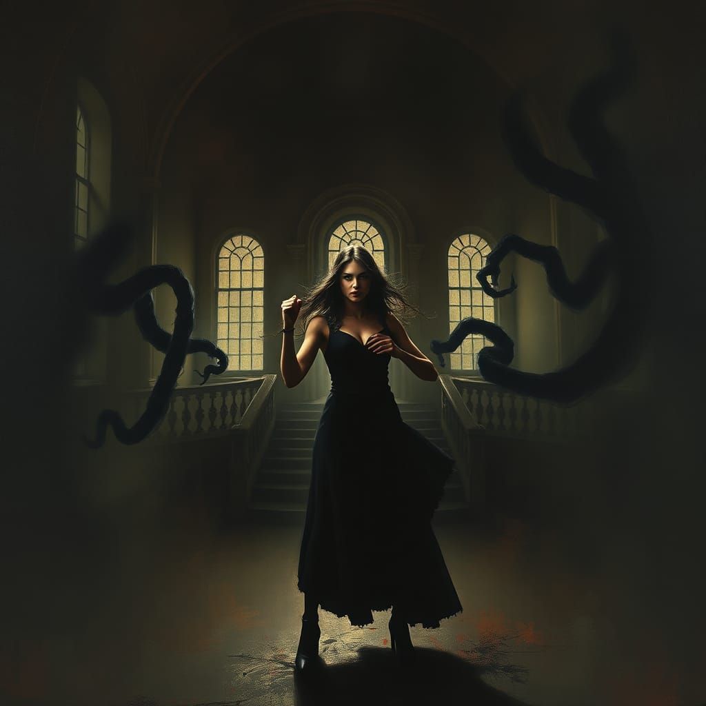 Eerie Mansion: Woman Amidst Twisting Shadows in Dark Surreal...