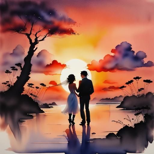 Romantic Sunset Honeymoon in Chinese Watercolor Style