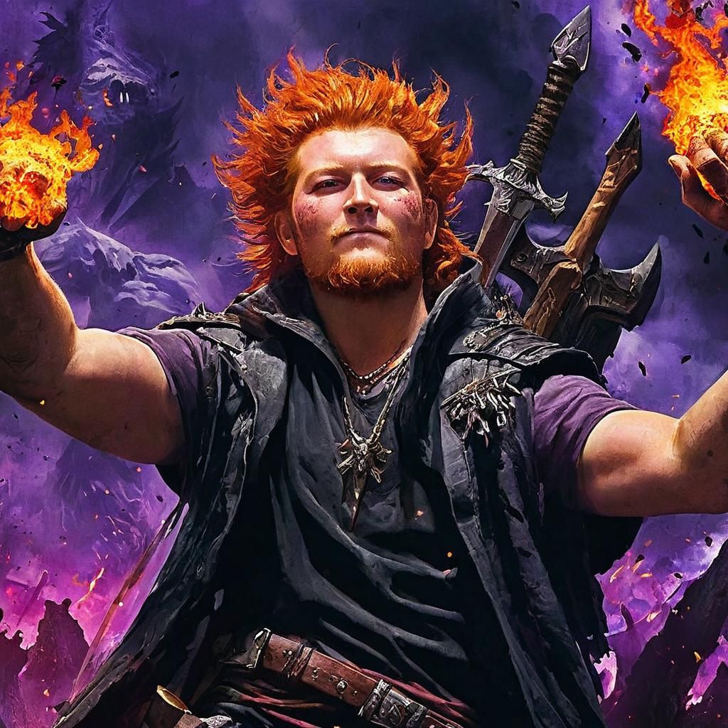 Victorious Ginger Hero Atop Undead Pile with Purple Flames