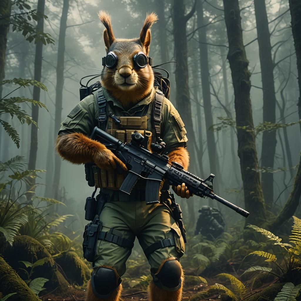 Tactical Squirrel Operative in Misty Forest