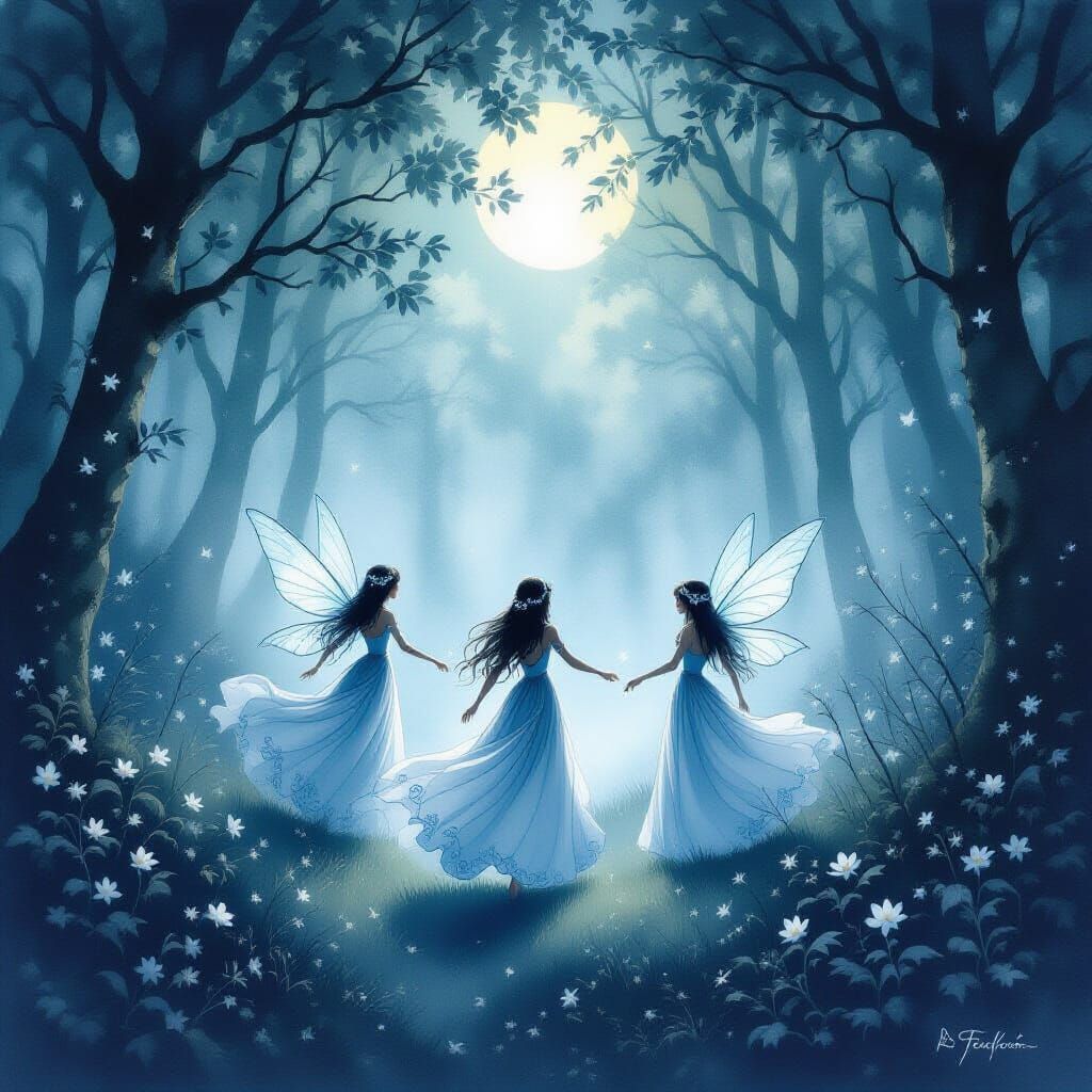Mischievous Fairies Dancing in Moonlit Misty Forest