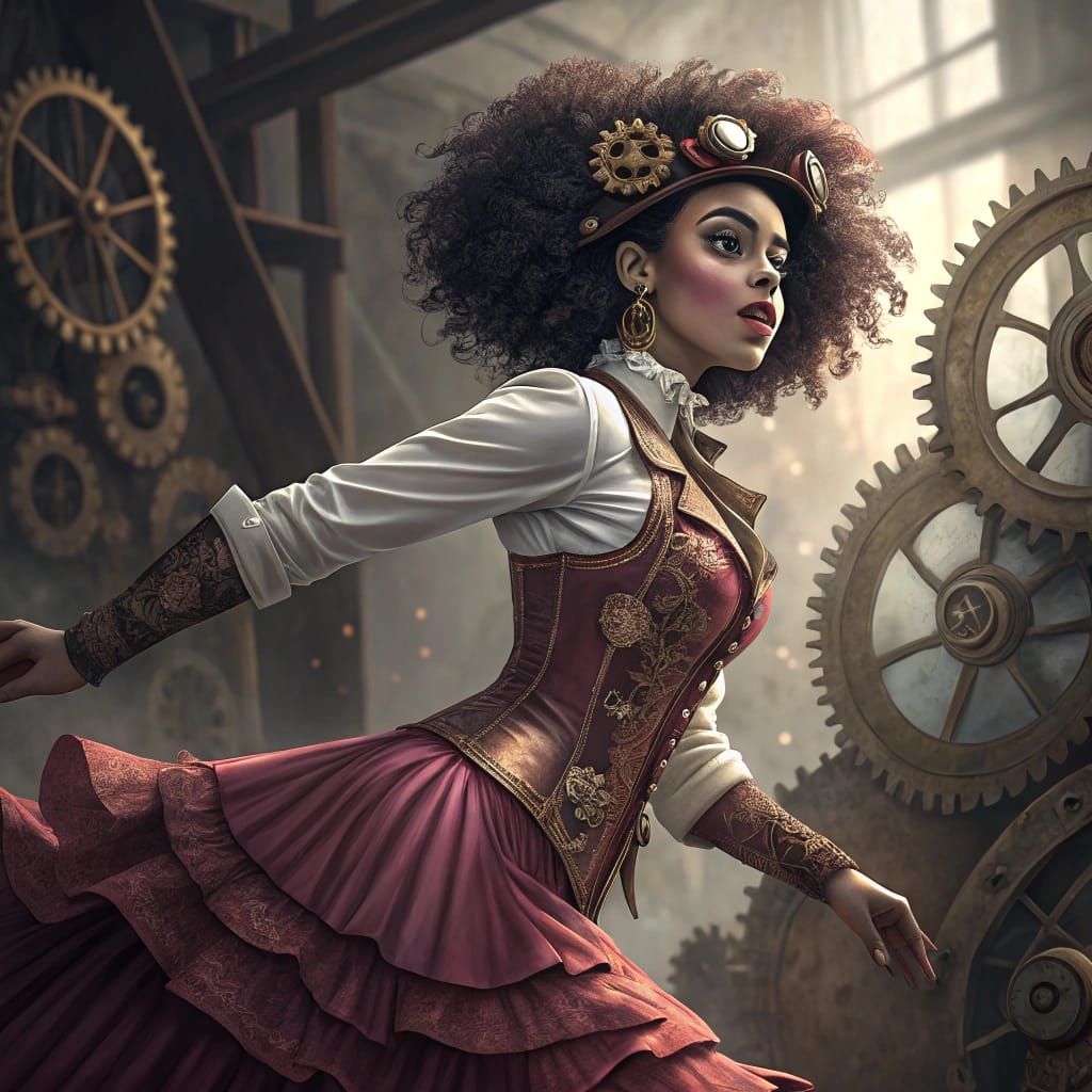 Steampunk Dancer with Skeleton in Dreamlike Setting
