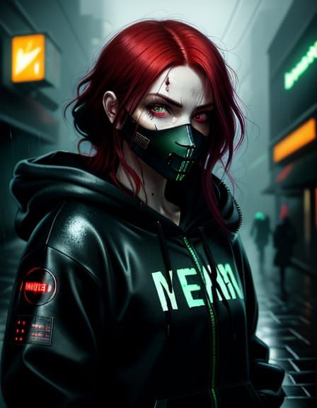 Futuristic Woman with Green Eyes and Red Hair in Neon Rain