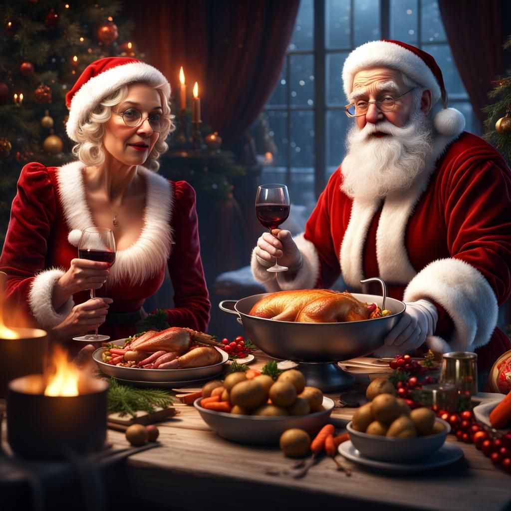 Santa and mrs claus having dinner