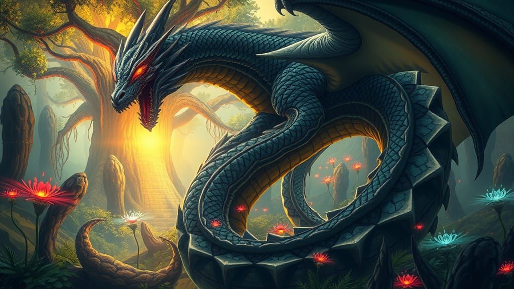 Obsidian Dragon Coiled Around Ancient Tree in Alien Jungle