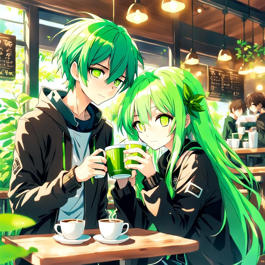 Anime Art: Green Haired Girl and Brunette Boy