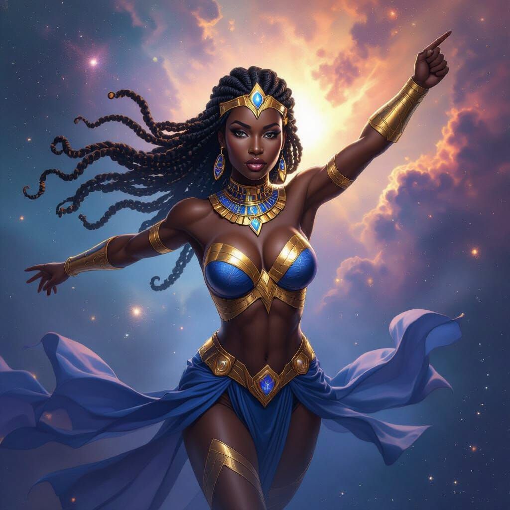 Nubian Goddess Superhero Soars Through Cosmic Nebula