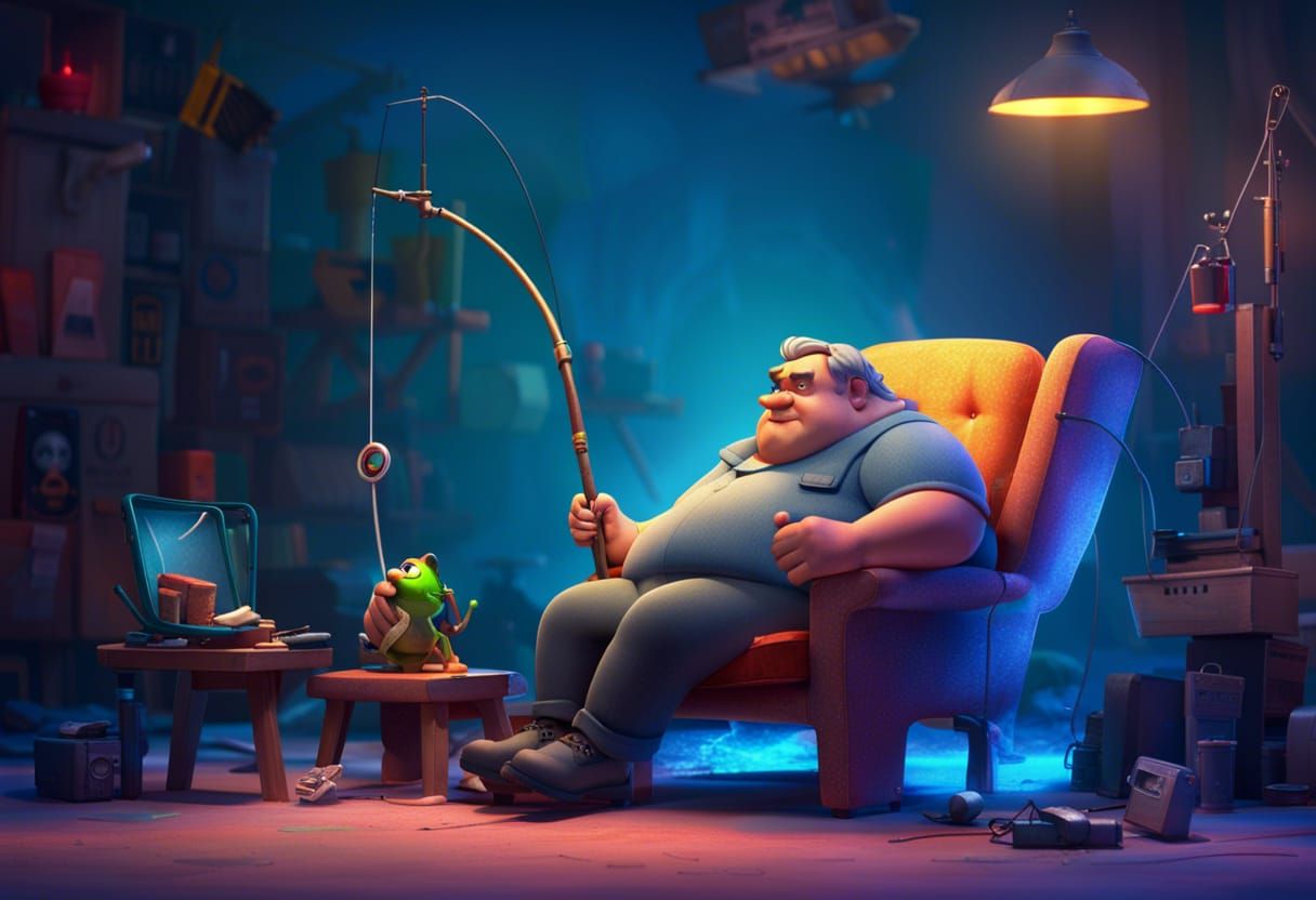 Man Fishing in Armchair: Pixar-Style 3D Art
