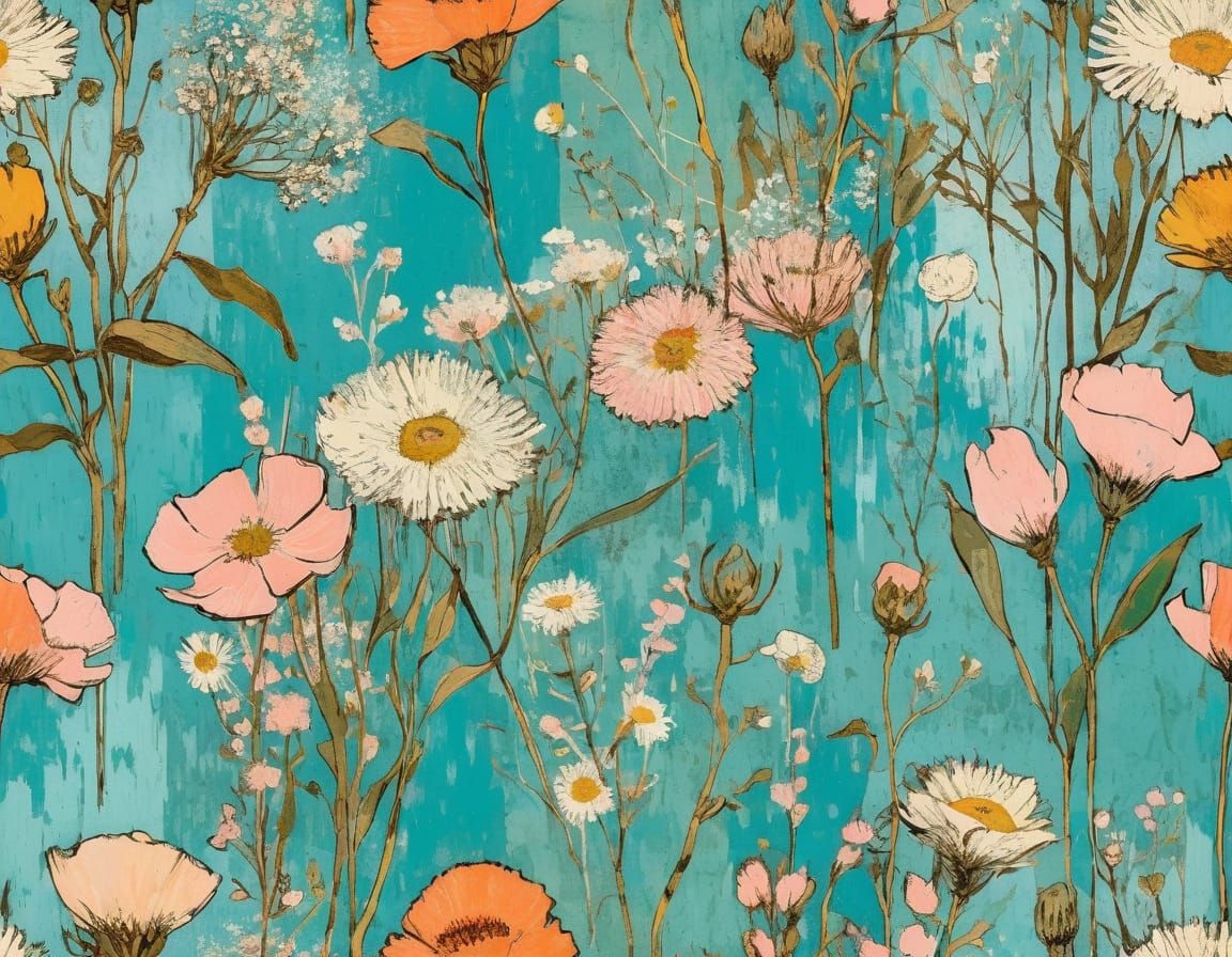 Grunge Spring Wildflowers Inspired by Van Gogh