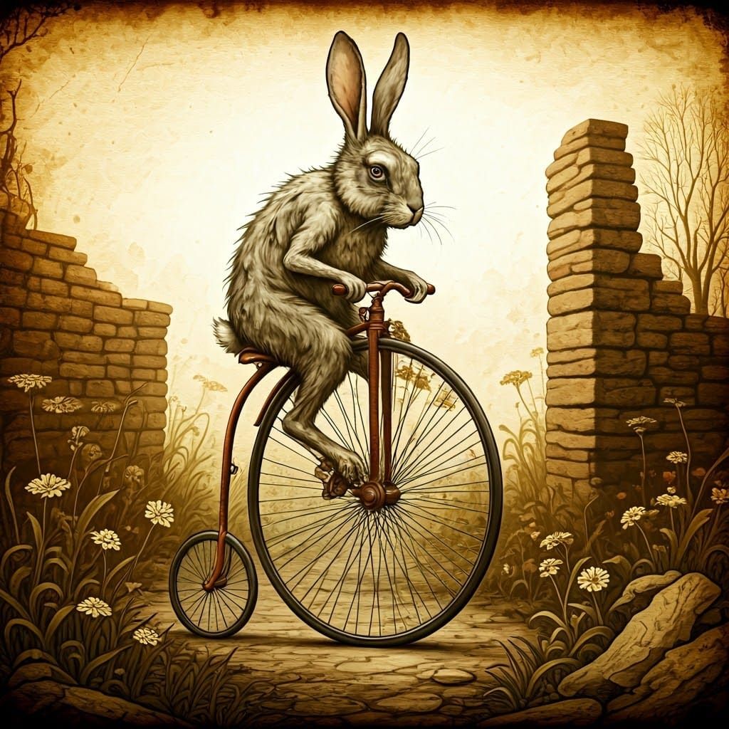 Quaint Bunny Pedals Antique Bicycle in Dusty, Forgotten Land...