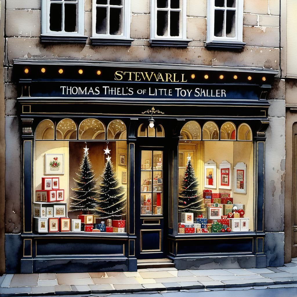 Toy Shop Window in Old Town: Watercolor Illustration