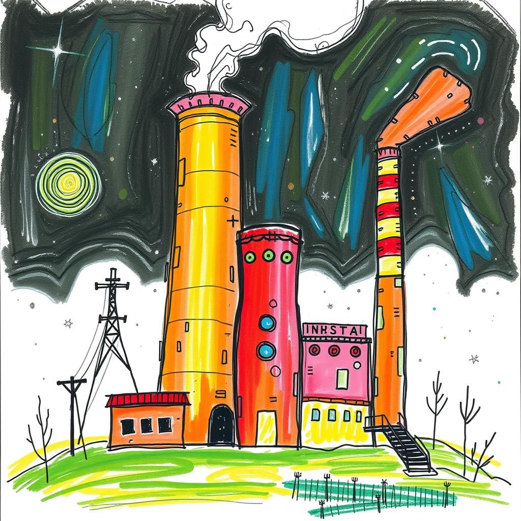 Whimsical Power Plant: Children's Drawing in Naive Art Style