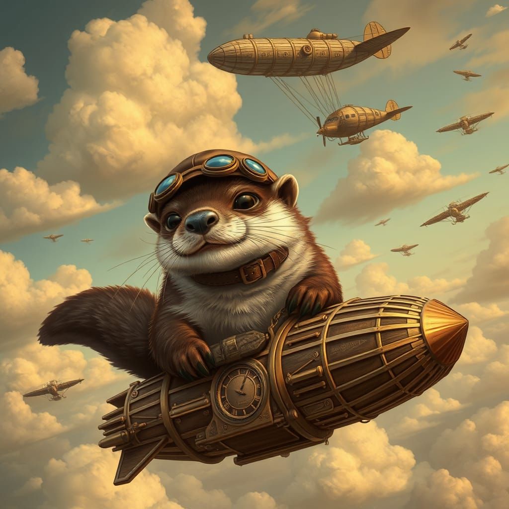 Steampunk Otter Piloting Zeppelin in Clockwork Sky