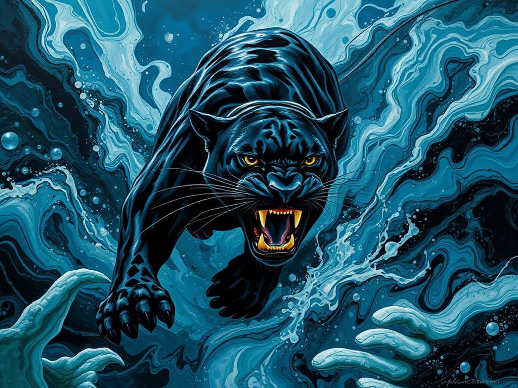 Cosmic Panther Unleashed in Swirling Jungle Abyss