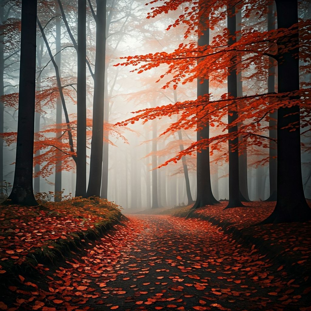 Ethereal Foggy Autumn Forest with Pale Light