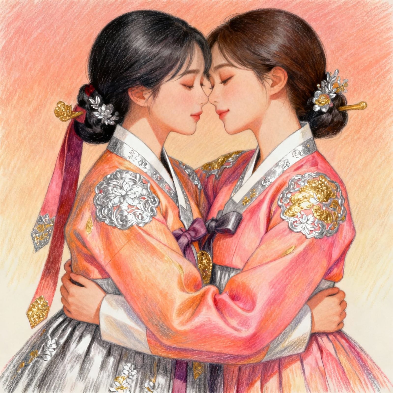 Manhwa Illustration: Loving Embrace in Sunset Hanboks