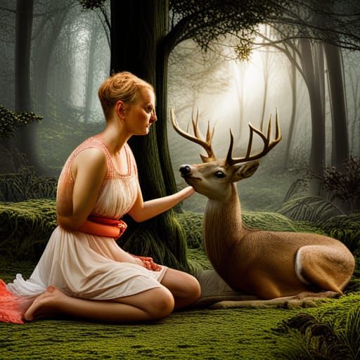 Enchanting Woman and Deer in Magical Forest