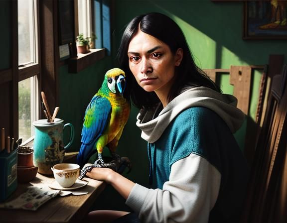 Expressive Portrait Painting of Woman with Parrot