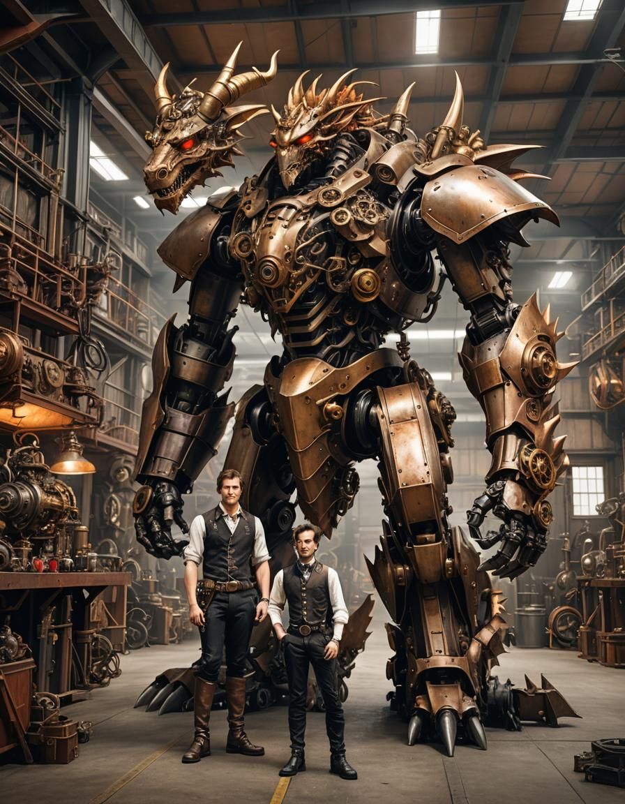 Steampunk Satyr and Dragon Mecha in Garage