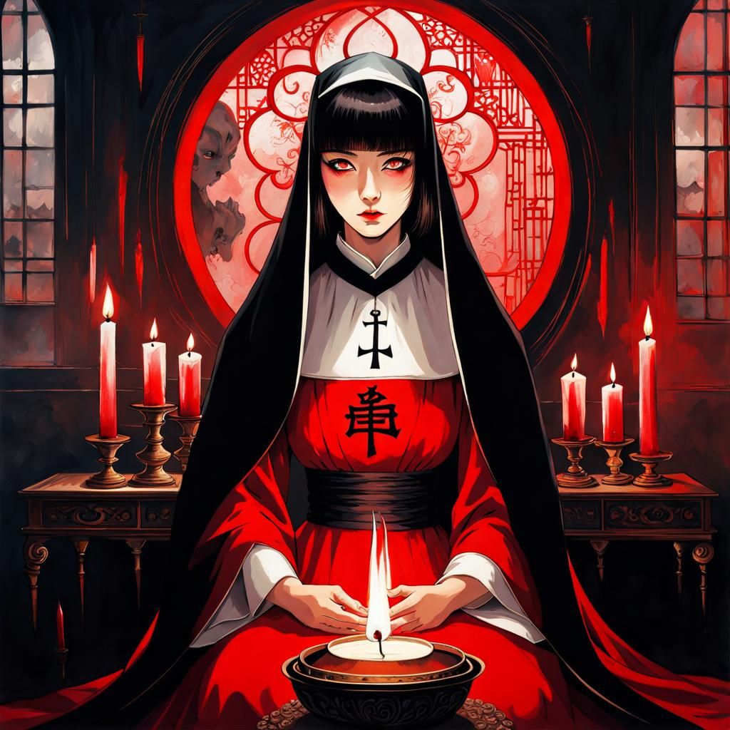 Gothic Nun Portrait in Creepy Horror Scene