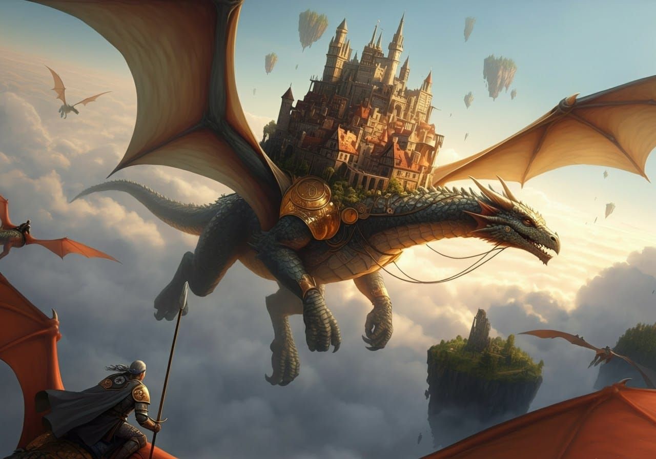 Dragon Riders Soaring with Medical City: Epic Fantasy Art